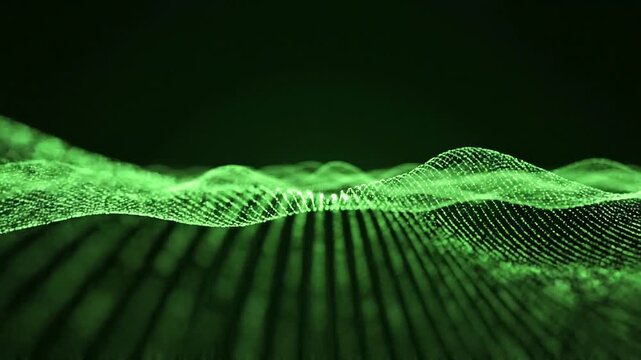 Abstract Digital Rendering of a Green Wavy Surface Composed of Glowing Particles and Lines Creating a Futuristic and Technological Data Visualization Effect with a Dark Background
