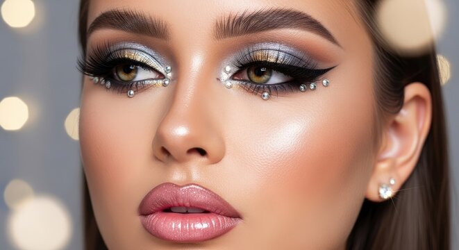 A beautiful woman is posing with a stunning, glamorous makeup look. Her face is adorned with shimmering eyeshadow, rhinestones, and eyeliner.