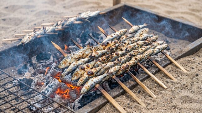 Espeto (food). A realistic photo of grilled sardines on skewers (Espeto), with charred and crispy skin, set over a bed of hot coals, the smoky aroma visible
