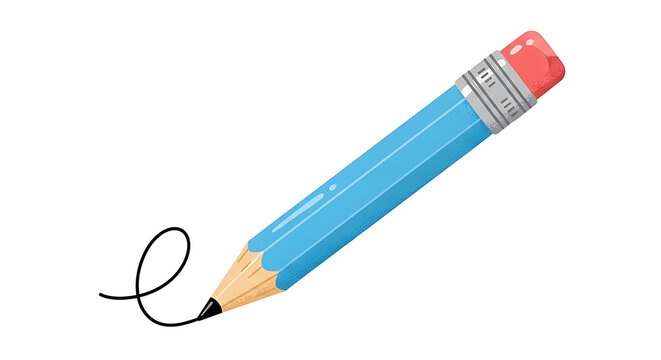 Blue wooden pencil with a red eraser creating a simple black swirl line on a white background representing creativity education art education creativity learning stationery illustration isolated