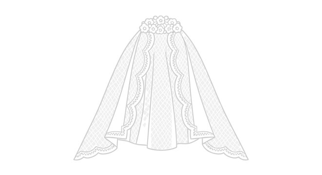Elegant wedding veil adorned with intricate lace patterns and floral headpiece, set against a minimalistic white background