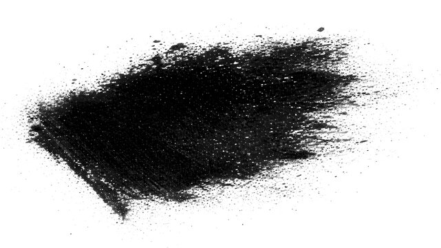 Black charcoal powder splash on white background, dark carbon dust texture, messy graphite powder explosion for artistic design and makeup concepts