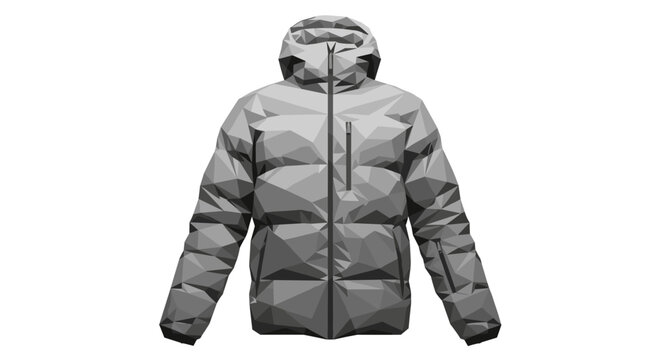 Geometric gray ski jacket with a fully zipped front, featuring an angular design and hood, isolated on a white background
