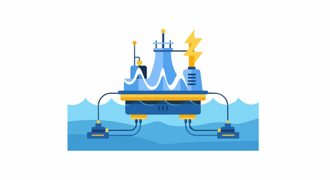 Flat Vector Illustration of an Offshore Renewable Energy Platform for Tidal and Wave Power Generation