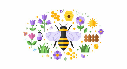 Fototapeta premium Flat Vector Illustration of a Honey Bee Surrounded by Spring Flowers, Honeycomb, and Garden Icons on White Background
