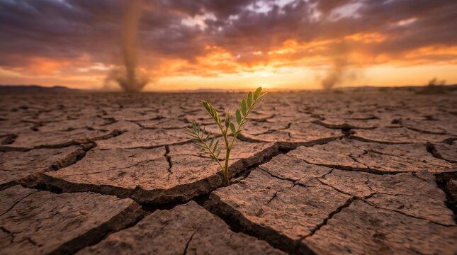 A lone green sprout emerges from parched, cracked earth under a dramatic sunset sky with distant dust devils, symbolizing resilience in drought.