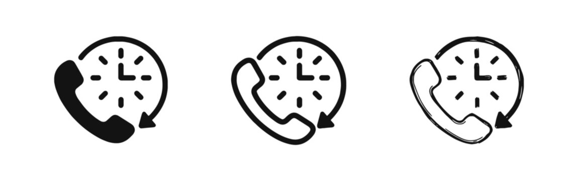 Customer Support 24/7 Phone and Clock Icon Set in Three Different Styles