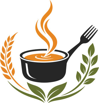 Steaming pot of soup with wheat and laurel wreath emblem design