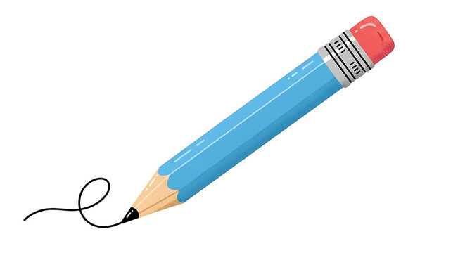 Single blue wooden pencil with a pink eraser tip drawing a black curly scribble line on a solid white background symbolizing the start of a creative process education stationery creative supplies