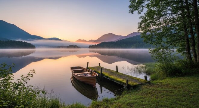A small wooden rowboat rests on a weathered wooden dock at the edge of a serene lake. Mist hangs low over the water, creating a reflective surface that mirrors the surrounding mountains and trees.
