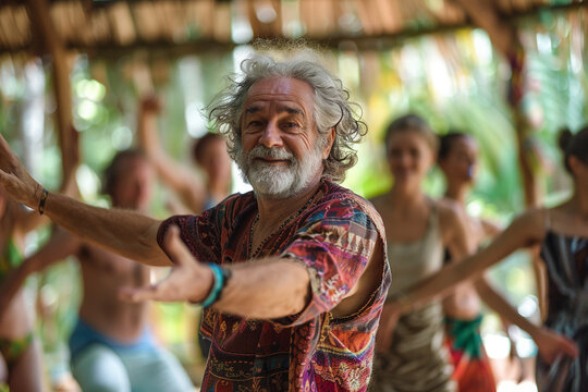 Ecstatic dance workshop with smiling senior man dancing in tropical conscious community event