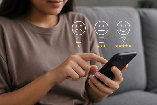 Woman using a smartphone to rate or review a product through a feedback system.