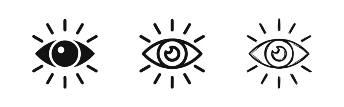 Eye vision and observation icon set with solid outline and hand drawn styles