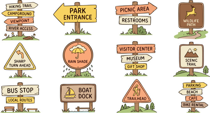 Outdoor Park and Nature Signboard Icon Set &mdash; Cute Cartoon Vector Illustration with Hiking Trail, Campground, Park Entrance, Wildlife Path, Trailhead and Directional Wooden Sign