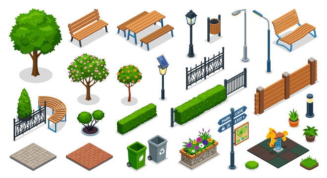 isometric park elements collection on a white background