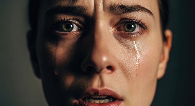A woman with dark eyes and a pale complexion is crying, tears streaming down her face. Her expression is filled with intense sadness and vulnerability.