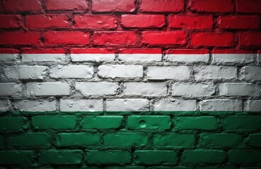 Fototapeta premium Hungary flag painted on old brick wall surface. Red white green stripes texture. Grunge urban background with weathered bricks and copy space.