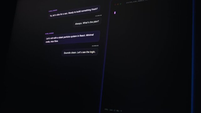 A dark computer monitor shows a chat interface between a human and an AI assistant planning a React app. Concept of vibe coding, artificial intelligence, and modern developer workflows.