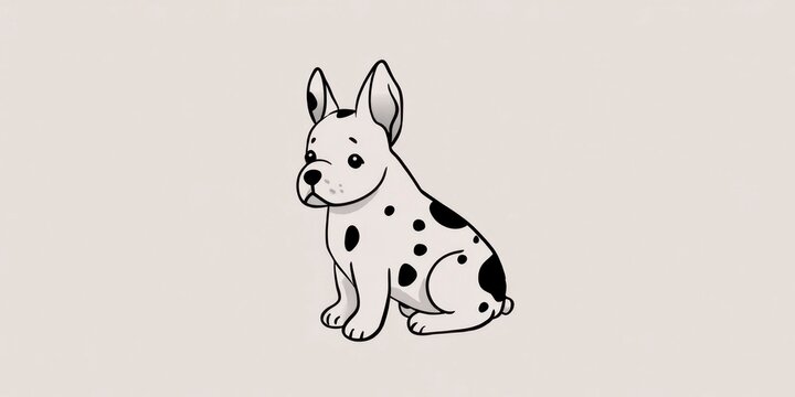 a simple line drawing of an adorable french bulldog sitting down, with black and white spots on its body. against a light background.