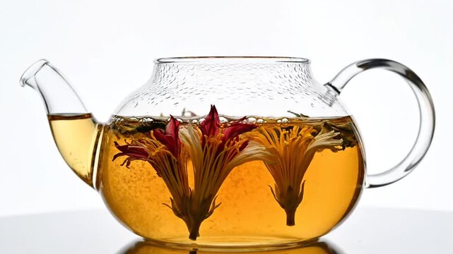 Hot water being poured into a clear glass teapot containing blooming tea flowers. Red and yellow floral tea leaves steeping in golden liquid against a clean white background.