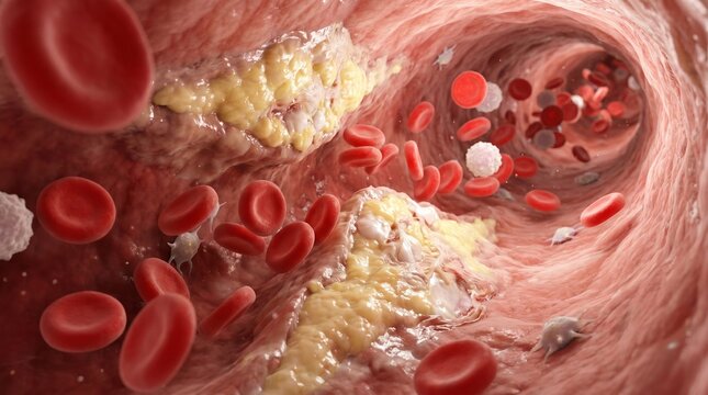 Detailed microscopic view of a human artery showing red blood cells, white blood cells, and cholesterol plaque buildup causing atherosclerosis.