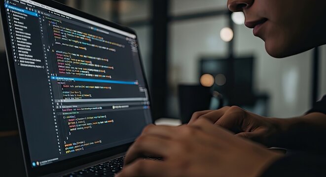 A person is intensely focused on coding on a laptop. The individual is typing rapidly, their hands positioned over the keyboard.