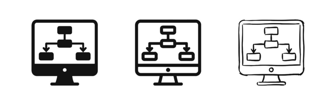 Organizational structure and process flowchart icon set on computer monitor