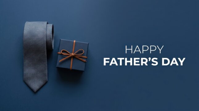 Happy Father's Day greeting card, elegant necktie and gift box on navy blue background, masculine celebration banner with copy space