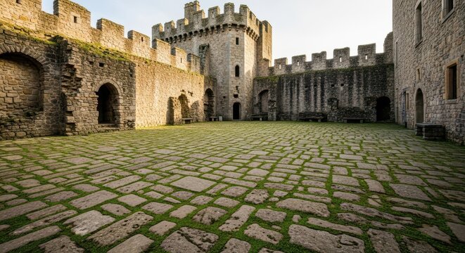 Weathered stone slabs of an empty medieval castle courtyard under a bright sky