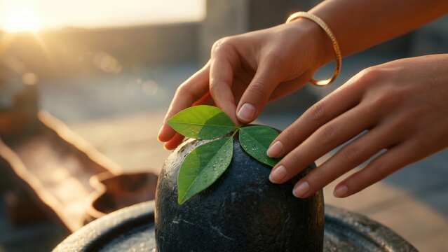 Bilva Patra Offering on Shivling &ndash; Sacred Mahadev Worship Closeup