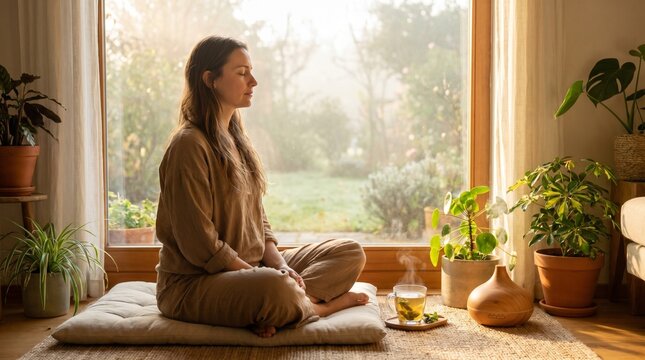 A serene woman meditating in a sunlit room by a large window, surrounded by houseplants, with a cup of tea and an essential oil diffuser nearby.