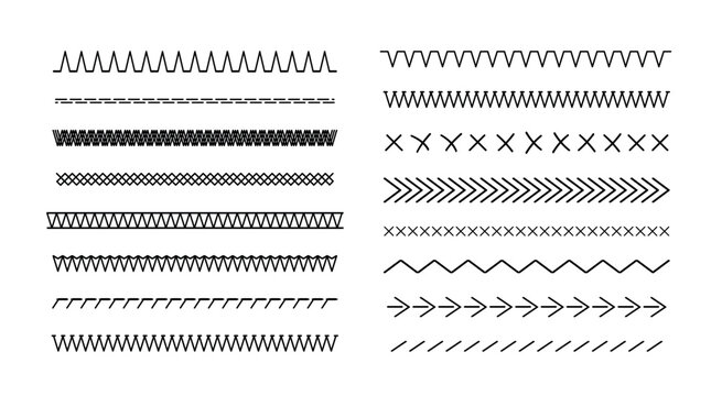 Vector stitch borders and decorative sewing lines. Geometric embroidery patterns with textile edges, cross-stitch elements, brush strokes, and thread design dividers for creative projects