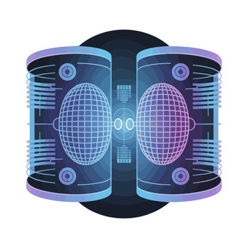 Futuristic server towers with glowing purple and blue grids and circuits on a white background