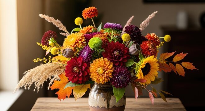 A vibrant flower arrangement sits in a rustic ceramic vase on a wooden table.