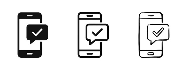 Mobile message confirmation icons showing a smartphone with a checkmark speech bubble for successful tasks. © drawing lines