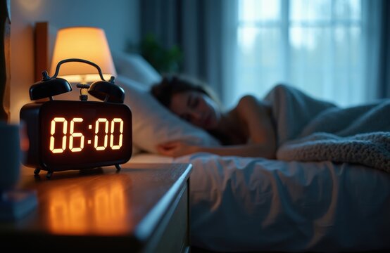 Digital alarm clock shows 6 AM. Person slepic in bed in dim bedroom. Lamp glows on nightstand near woman under blanket. Early morning quiet.
