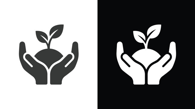 Minimalist graphic illustration showing two hands gently cupping a small sprouting plant as a symbolic representation of environmental protection conservation and sustainable care for nature