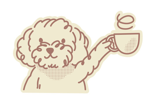 Poodle logo design template. Graphic element for advertising, branding, posters and banners, funny whimsical illustration of cute dog character. Puppy mascot coffee lover isolated emblem or badge.