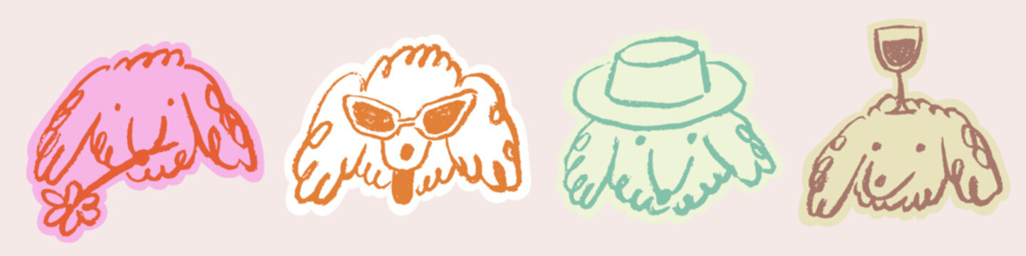 Chalk or charcoal style positive dog drawings. Hand drawn puppy mascot sketch sticker or overlay. Wax crayon grunge funny whimsical cute fluffy summer illustrations for tshirt print, placard or poster