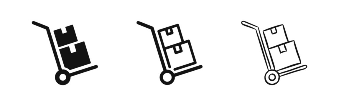 Shipping and logistics icons featuring a hand truck loaded with cardboard delivery boxes.