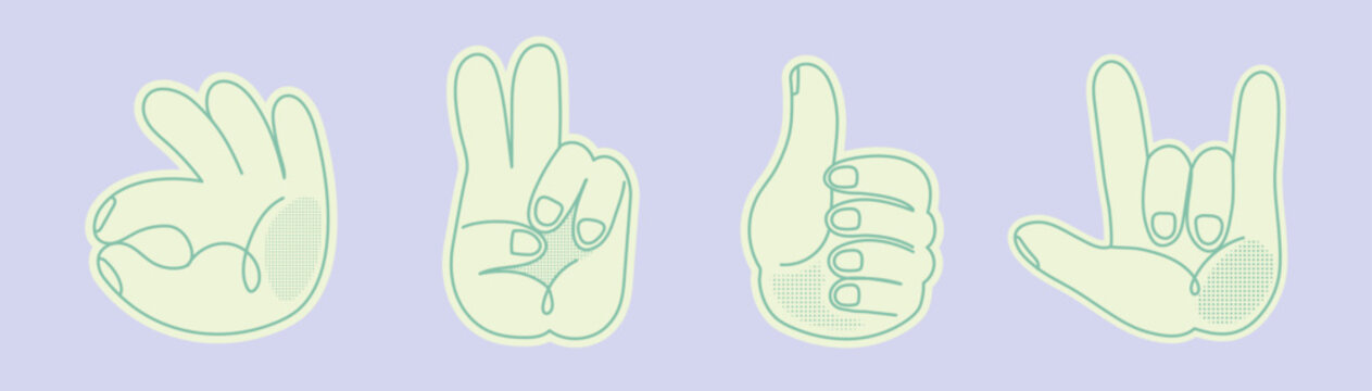 Vector illustration in line doodle style. Mascot or character hands and thumb up gestures, positive vibe stickers. Good, great job, well done, ok or like symbol. Concept of approval, agreement.