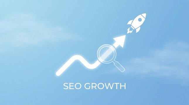 SEO growth concept web banner with a glowing white rocket, upward arrow, and magnifying glass icon on a blurred blue sky background.