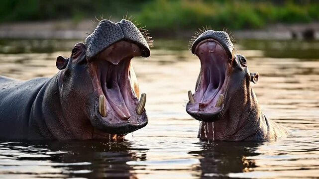 Two Hippos Yawning Wide Open in Natural Water Habitat