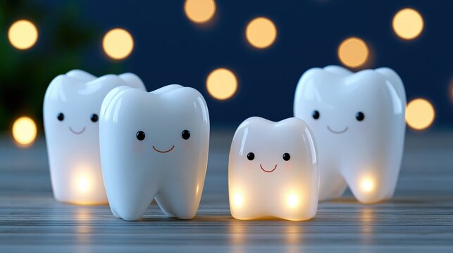Cute cartoon teeth with happy faces illuminated by soft warm light, against a bokeh background.