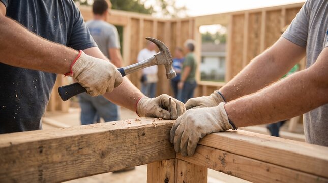 volunteer hands building wooden frame house habitat humanity construction charity nonprofit help hands hammering wooden frame for habitat humanity home build for housing charity nonprofit visuals