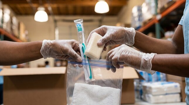 volunteer hands hygiene kits toothbrush soap bars packaging charity donation kindness help volunteer hands packaging hygiene kits with toothbrushes for charity donation drive nonprofit visuals