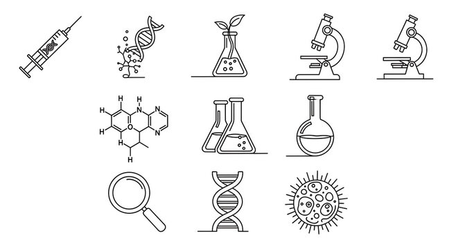 Hand drawn science and medical themed icons in a sketch style a syringe DNA test tubes microscopes chemical structures a magnifying glass virus with test tube white background laboratory research