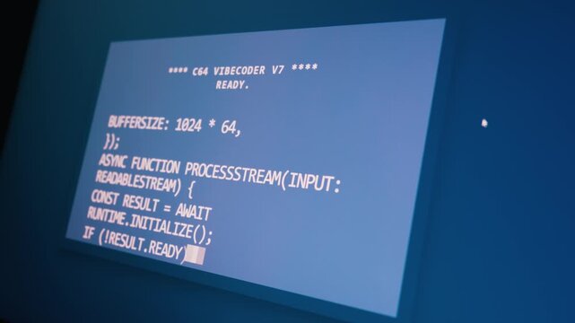 Close-up of a digital screen displaying modern programming script inside a retro styled terminal. Concept of artificial intelligence coding generation, software development, and future tech.