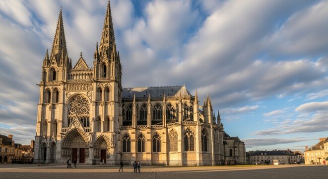 The image showcases the magnificent Amiens Cathedral, a stunning example of French Gothic architecture, bathed in the warm glow of the late afternoon sun.