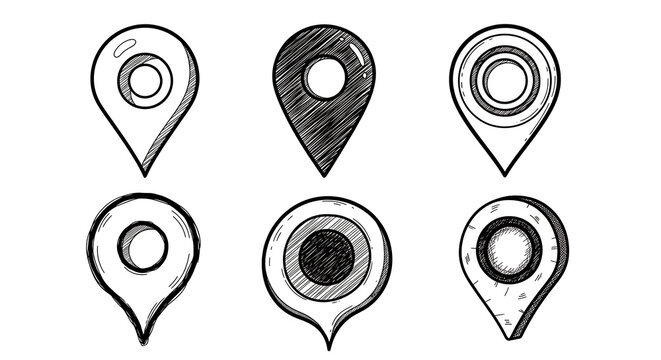 Collection of six hand drawn map pointer icons in a sketch style representing various location markers gps navigation destination symbols with white background location navigation destination